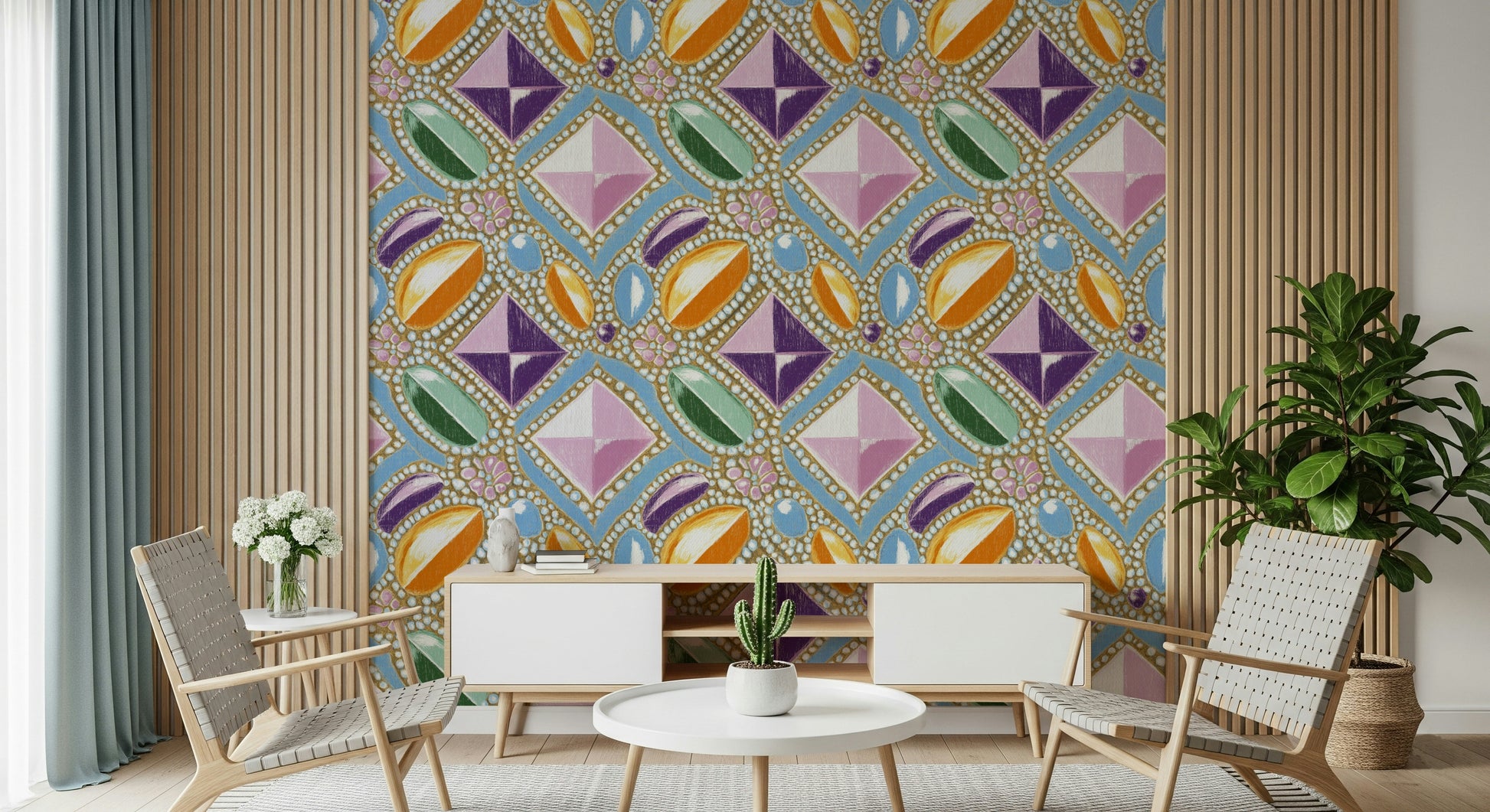 Pink Gemstone Pattern Wallpaper – Soft, pastel-inspired wallpaper with jewel-like textures and refined geometric patterns.