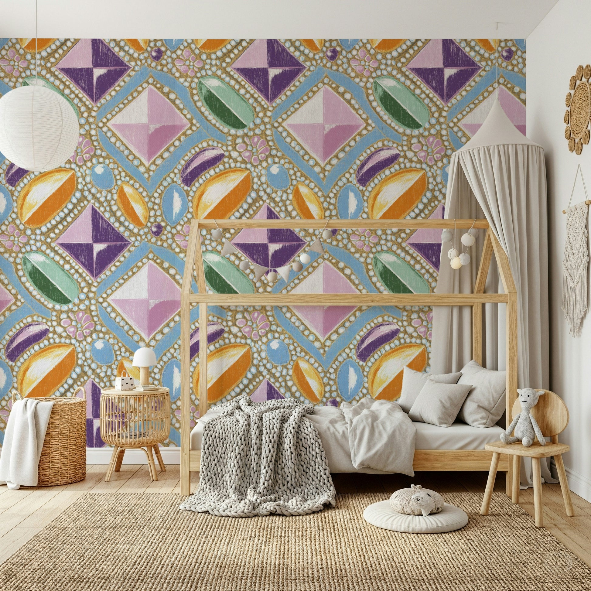 Pastel Pink Gemstone Wall Mural – Decorative mural showcasing faceted gemstone shapes in soothing pink tones.