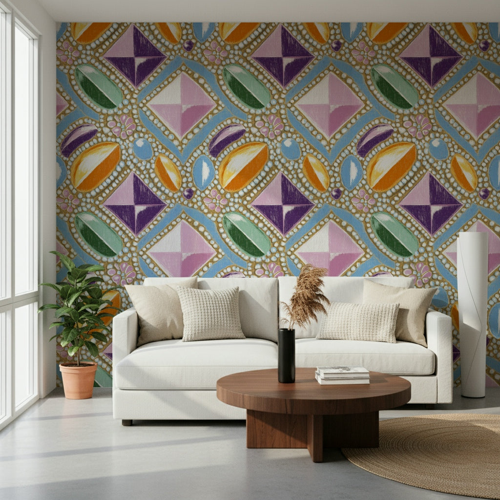 Soft Pink Gemstone Wallpaper – Decorative wallpaper highlighting pastel pink gemstones with subtle reflective details.