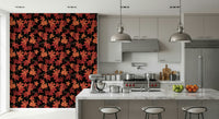 Red Autumn Leaves Wall Mural – Striking wallpaper design with scattered red maple leaves over deep black.