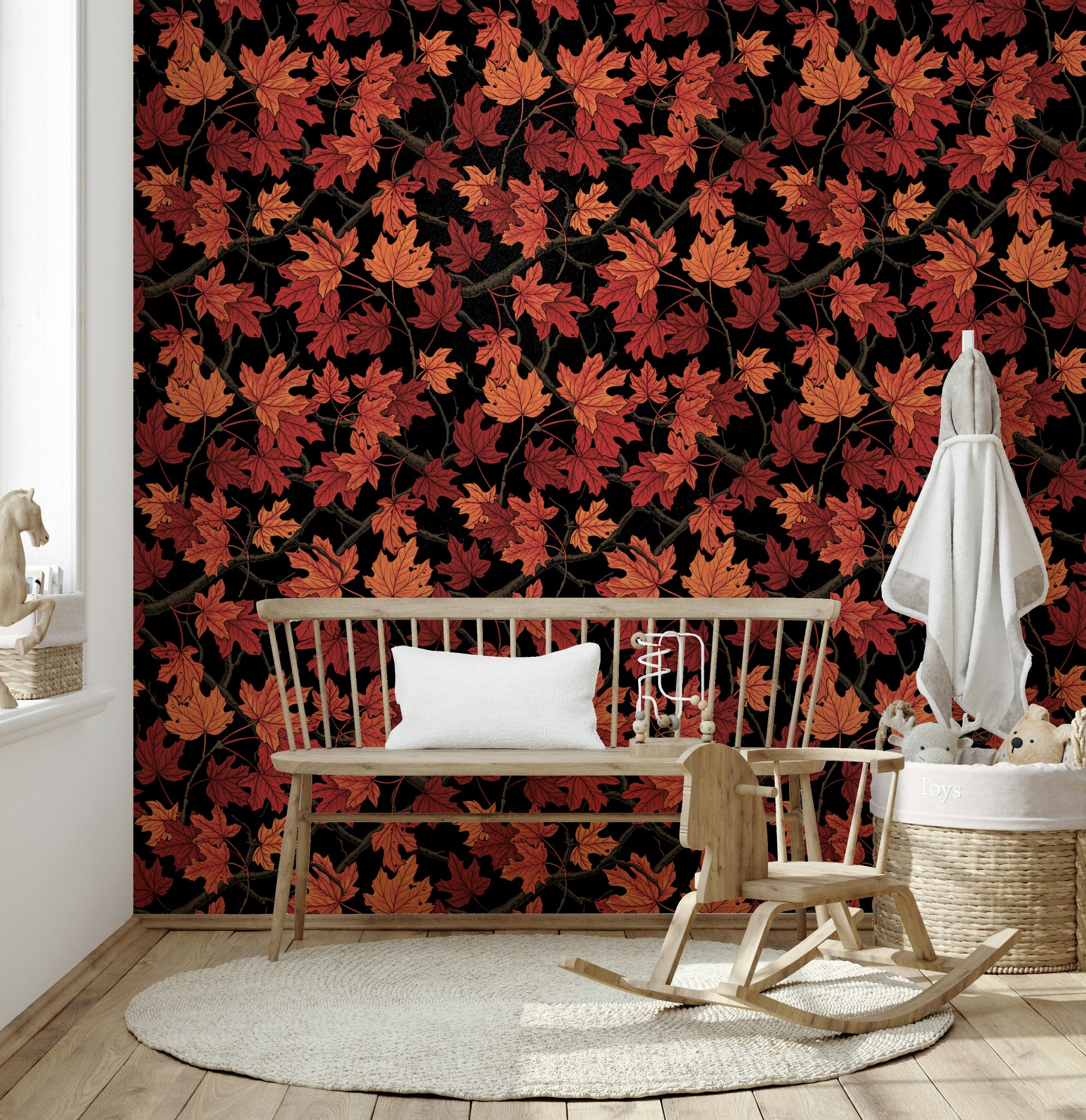 Autumn Foliage on Black Wallpaper – Bold, dramatic design with rich red maple leaves contrasting against black.
