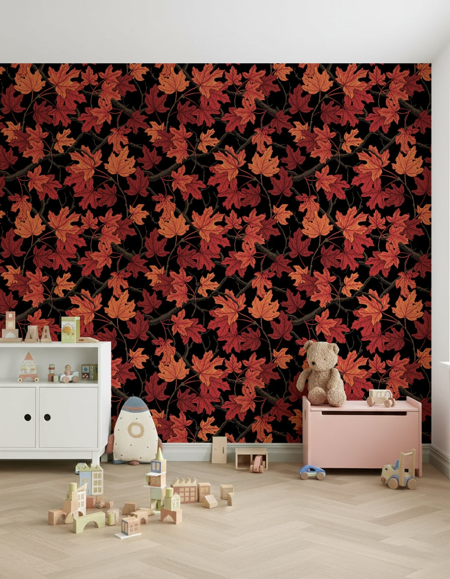 Falling Red Maple Leaves Wall Mural – Decorative wallpaper featuring scattered autumn maple leaves on black.