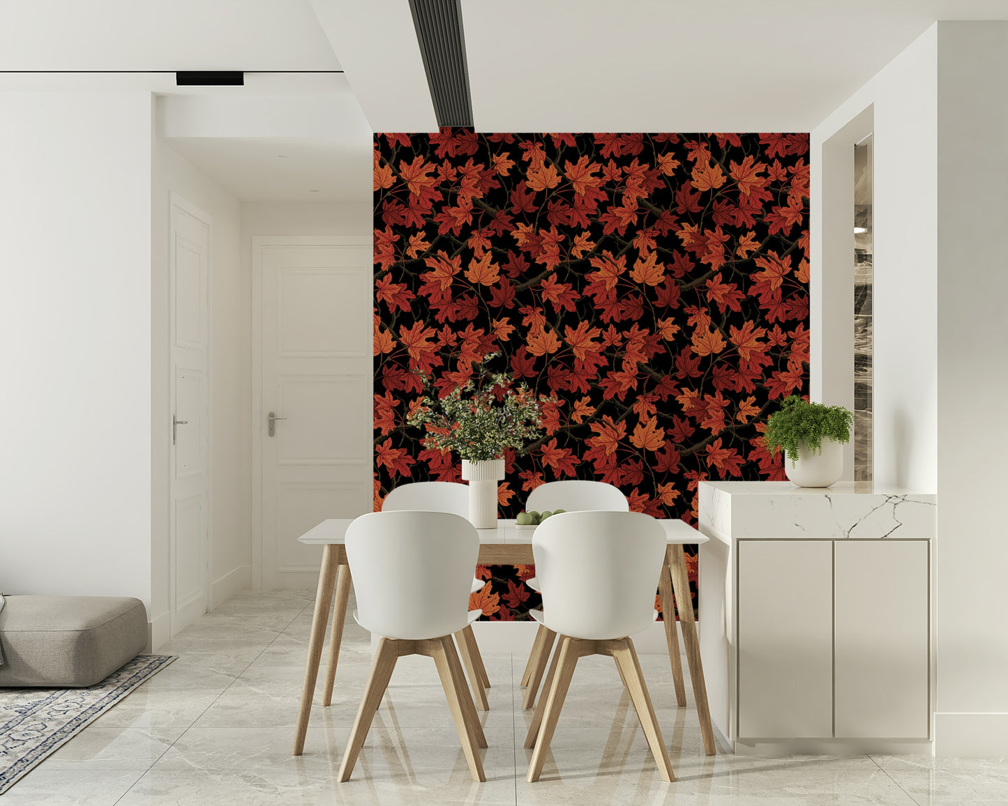 Red Maple Leaves on Dark Wallpaper – Elegant mural with scattered autumn foliage in vivid red hues over black.