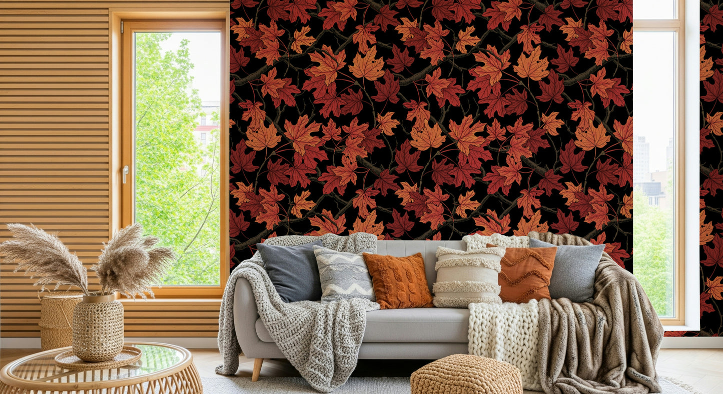 Black and Red Maple Leaf Mural – Dramatic wall mural emphasizing bright red autumn leaves against a black backdrop.