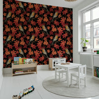 Maple Foliage and Robins Wall Mural – Sophisticated wallpaper featuring lively robins amid detailed maple branches.