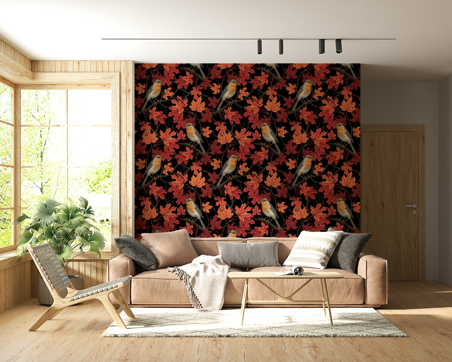 Birds in Maple Tree Wallpaper – Dramatic wall mural of robins nestled among autumn maple leaves against a dark background.