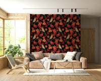 Birds in Maple Tree Wallpaper – Dramatic wall mural of robins nestled among autumn maple leaves against a dark background.