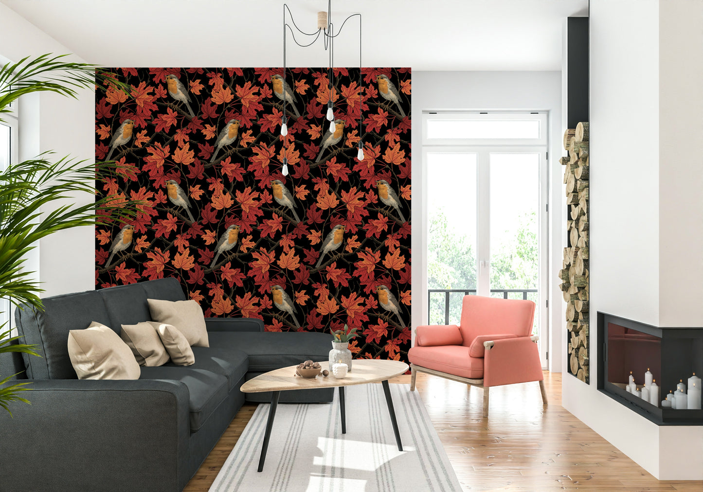 Robins Perched on Maple Tree Wallpaper – Elegant nature-inspired design with vibrant birds and rich foliage on black.