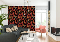 Robins Perched on Maple Tree Wallpaper – Elegant nature-inspired design with vibrant birds and rich foliage on black.