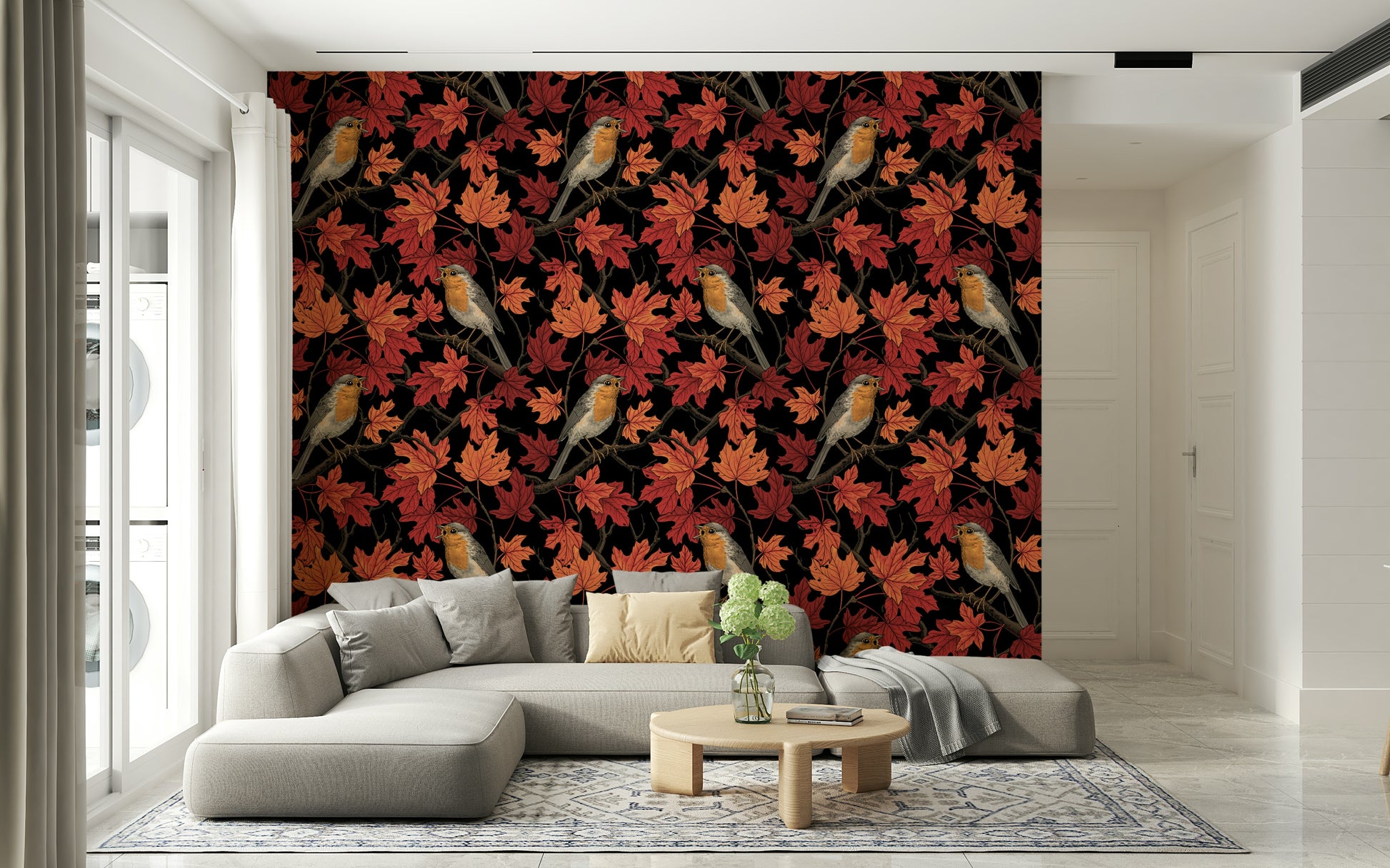 Autumn Maple with Robins Wall Mural – Decorative wallpaper showcasing robins perched in a maple tree with warm leaves on black.