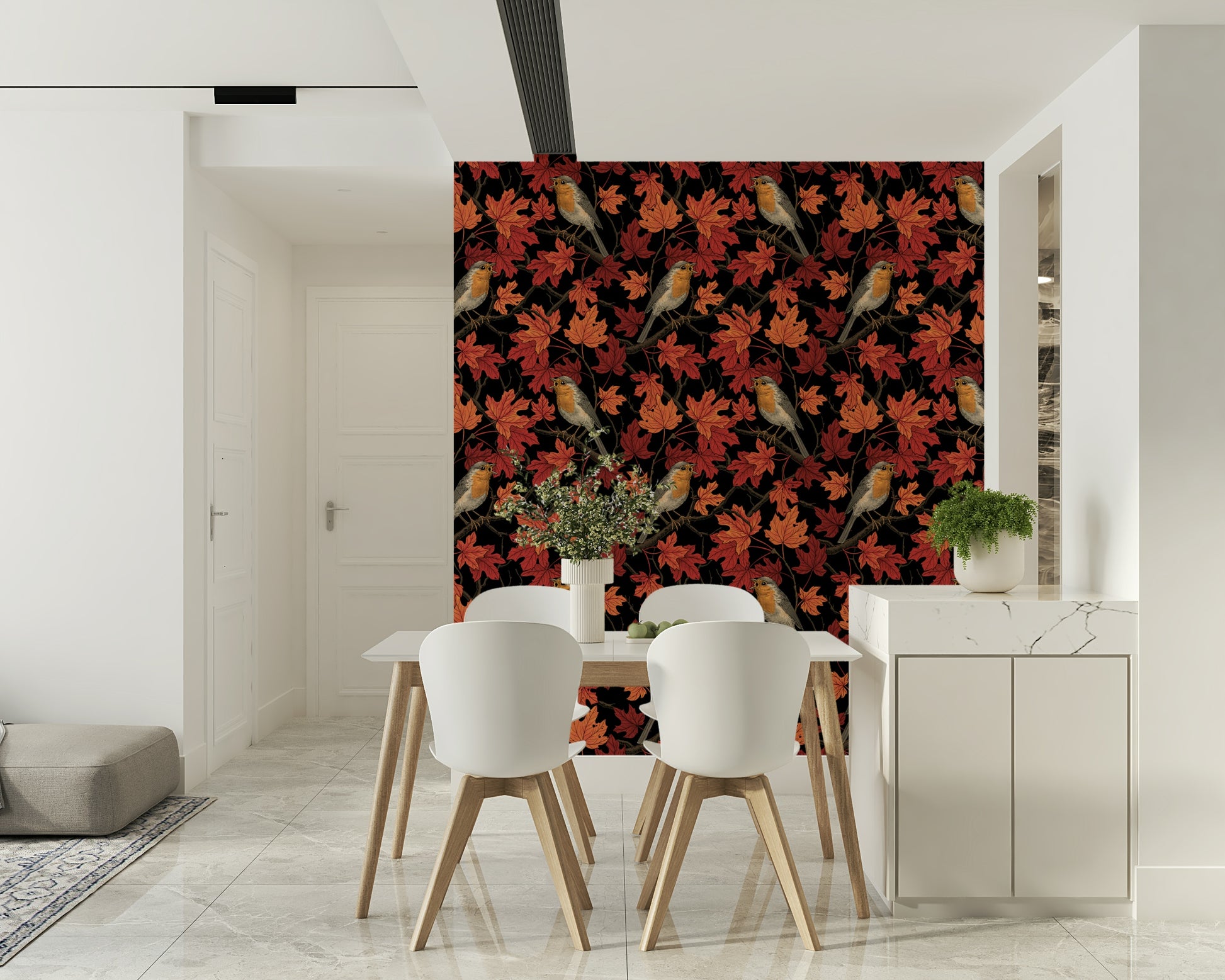 Robins in Maple Tree on Black Wallpaper – Elegant dark wallpaper featuring vibrant robins perched among fiery maple leaves.