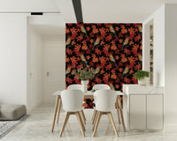 Robins in Maple Tree on Black Wallpaper – Elegant dark wallpaper featuring vibrant robins perched among fiery maple leaves.