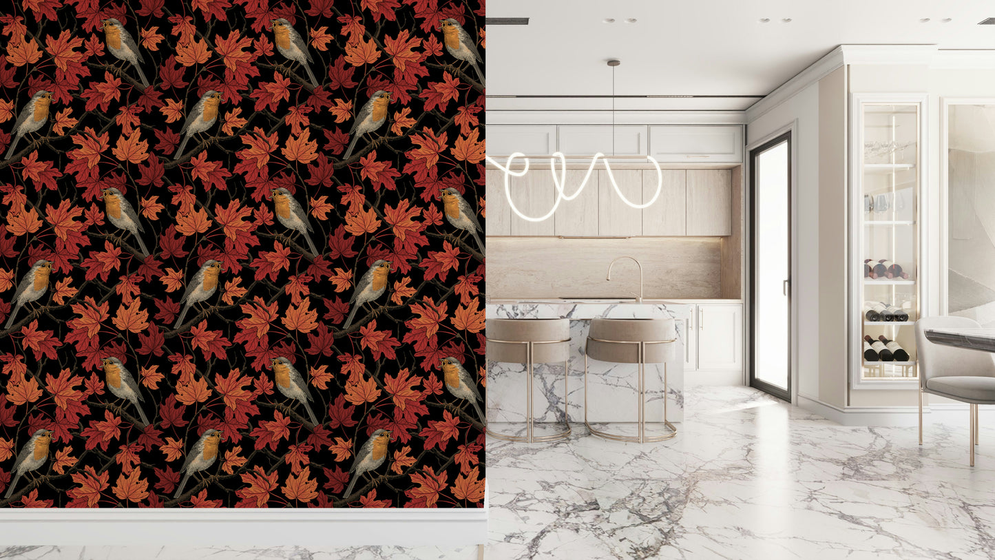 Robins in Autumn Maple Tree Wall Mural – Striking wallpaper design capturing robins in colorful maple leaves on a dark backdrop.