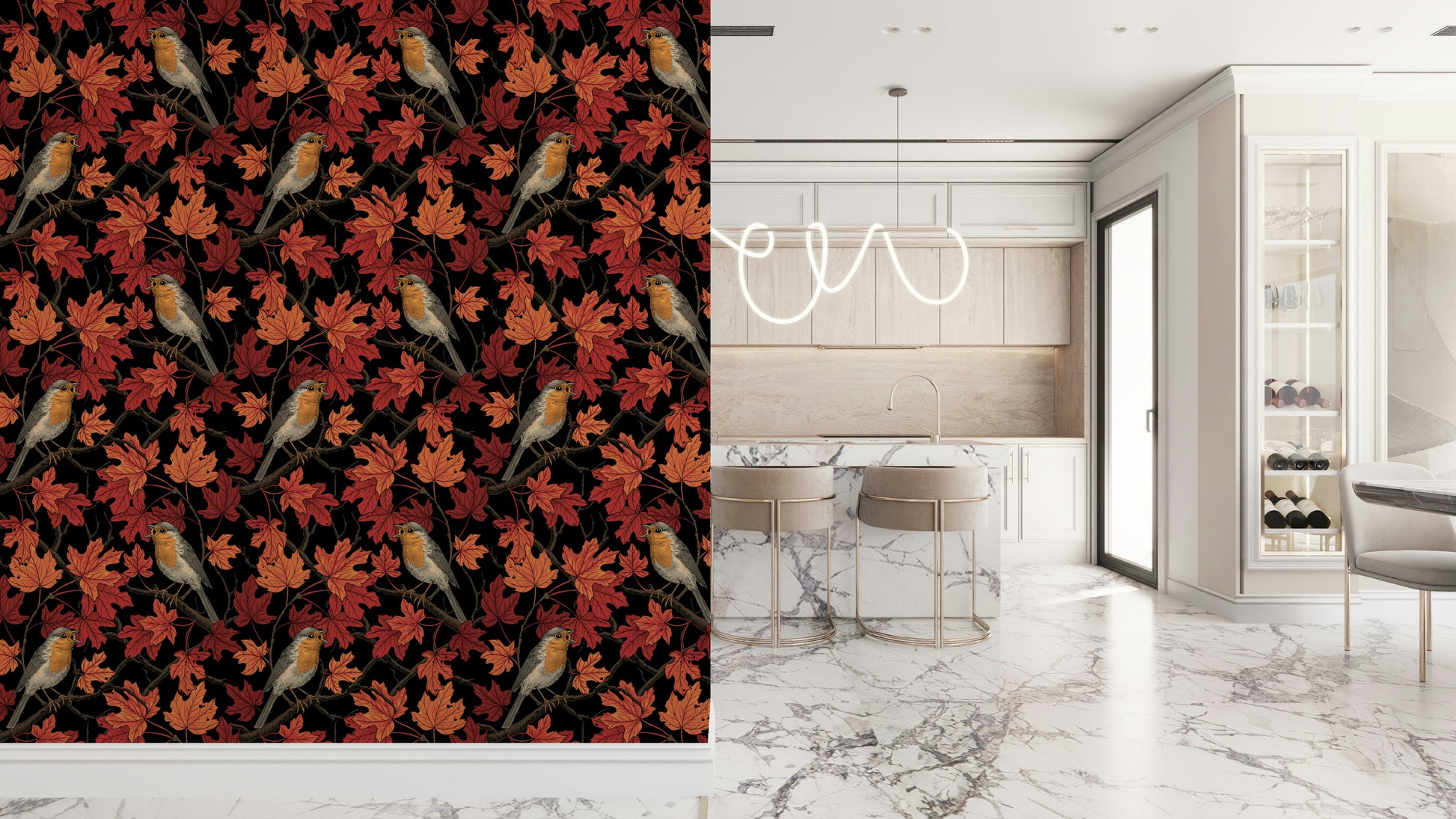 Robins in Autumn Maple Tree Wall Mural – Striking wallpaper design capturing robins in colorful maple leaves on a dark backdrop.