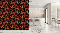Robins in Autumn Maple Tree Wall Mural – Striking wallpaper design capturing robins in colorful maple leaves on a dark backdrop.