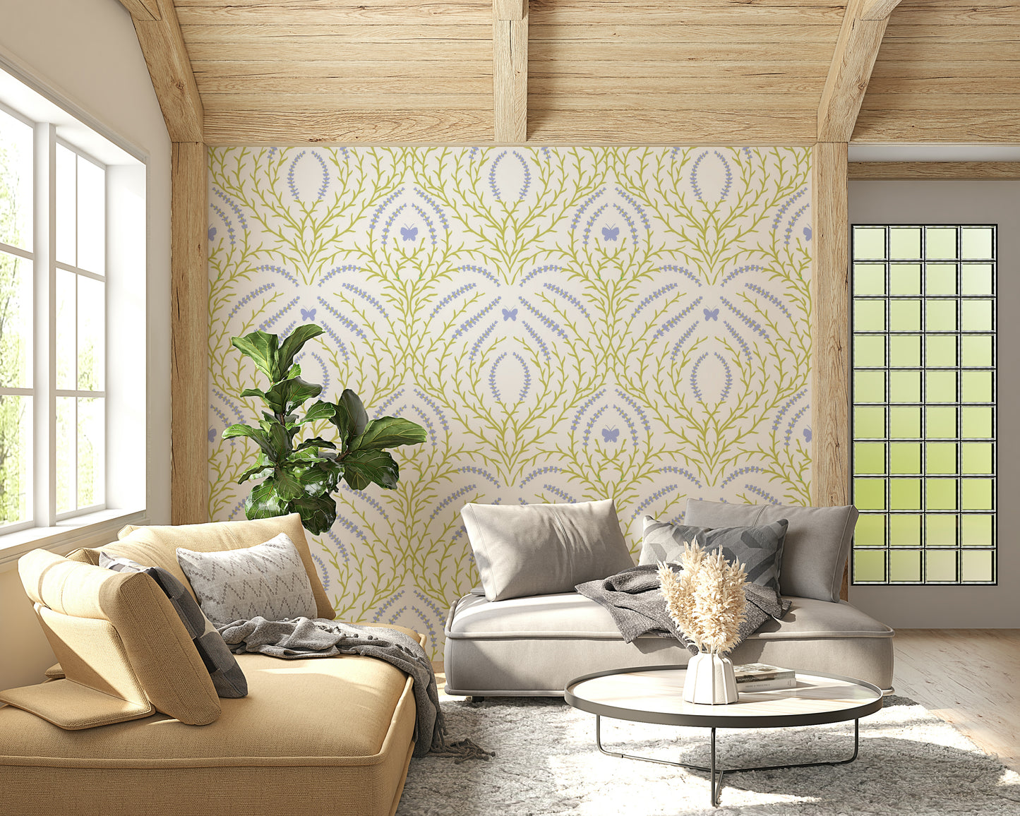 Whimsical Lavender and Butterfly Wall Mural – Peaceful floral wallpaper with blooming lavender and delicate butterflies in flight.