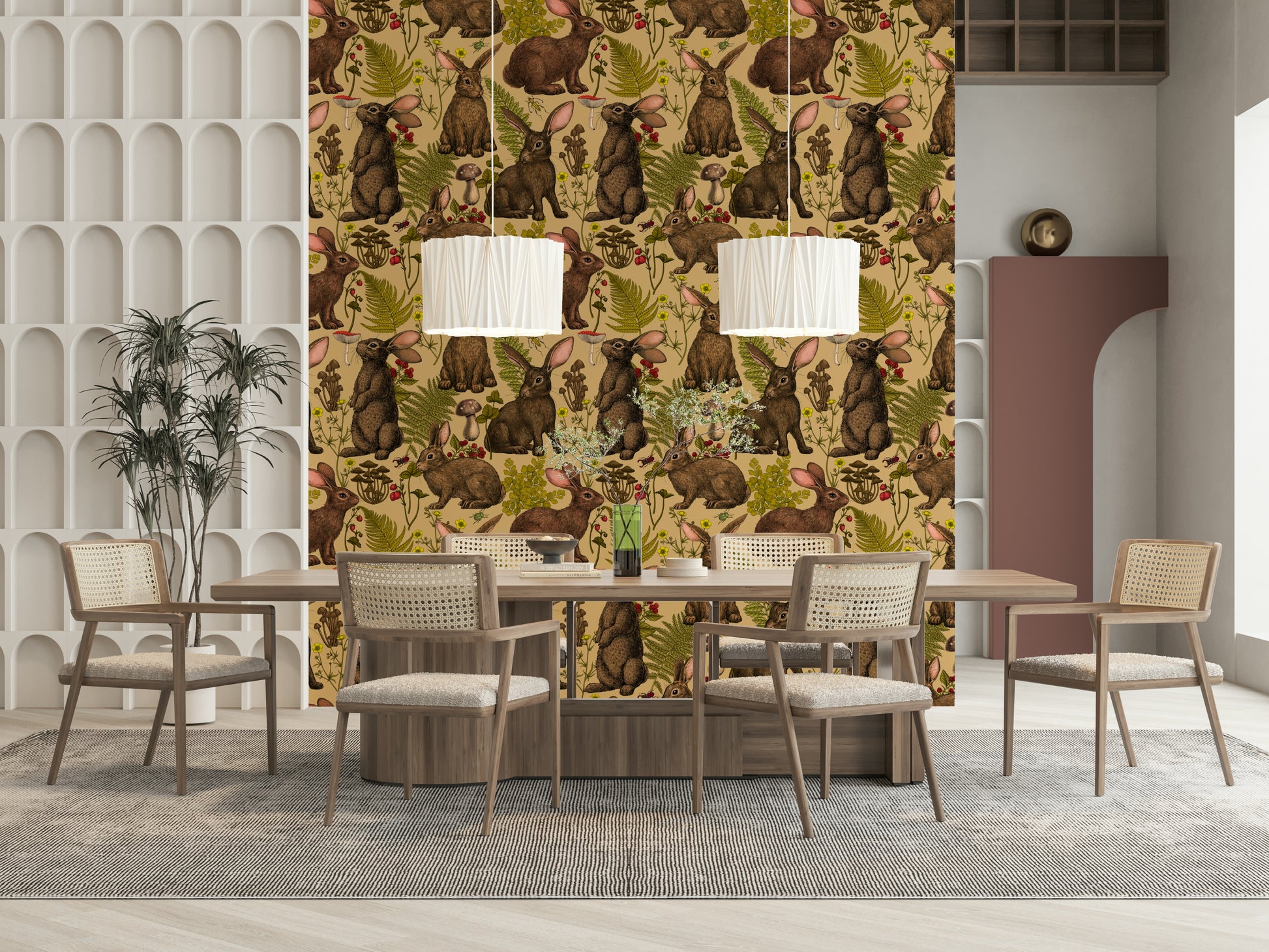 Woodland Rabbit Wall Mural – Charming design with playful rabbits nestled in greenery and wildflowers.