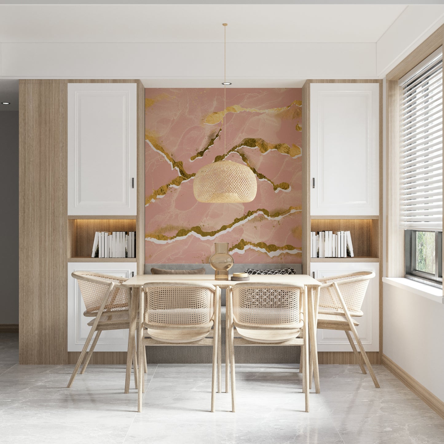 Abstract Blush Marble Wall Mural – Modern mural with gentle blush tones and luminous golden highlights for a refined look.
