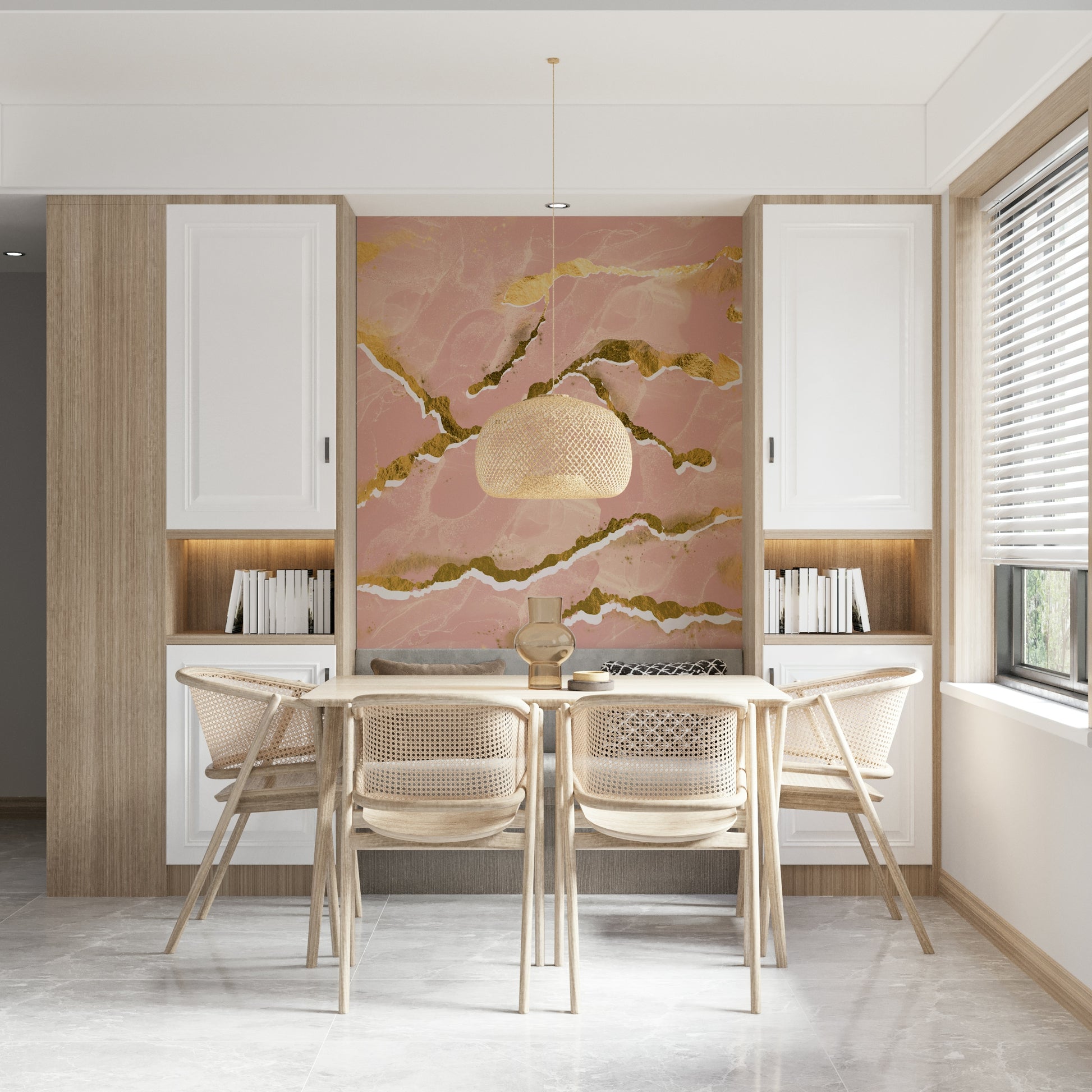 Abstract Blush Marble Wall Mural – Modern mural with gentle blush tones and luminous golden highlights for a refined look.