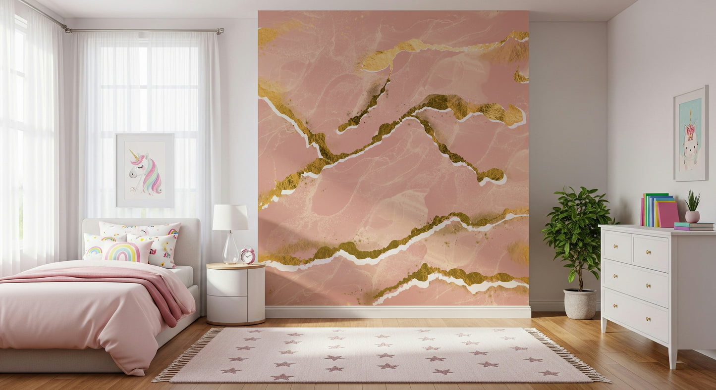 Gold-Accented Blush Marble Wallpaper – Decorative mural showcasing soft pink marble textures with metallic gold veining.