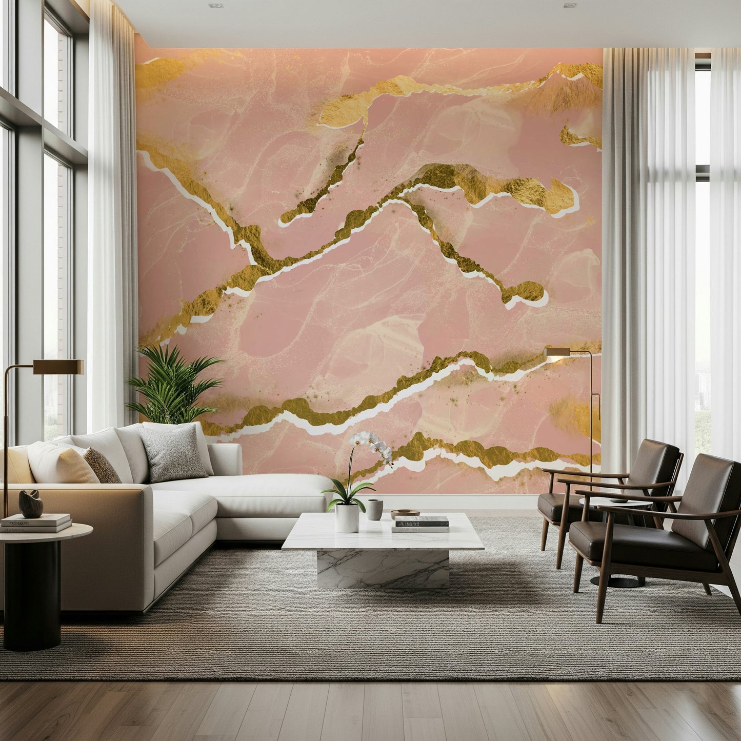 Modern Abstract Luxe Blush Marble Mural – Refined decorative wallpaper combining delicate blush textures and shimmering gold veins.