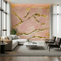Modern Abstract Luxe Blush Marble Mural – Refined decorative wallpaper combining delicate blush textures and shimmering gold veins.