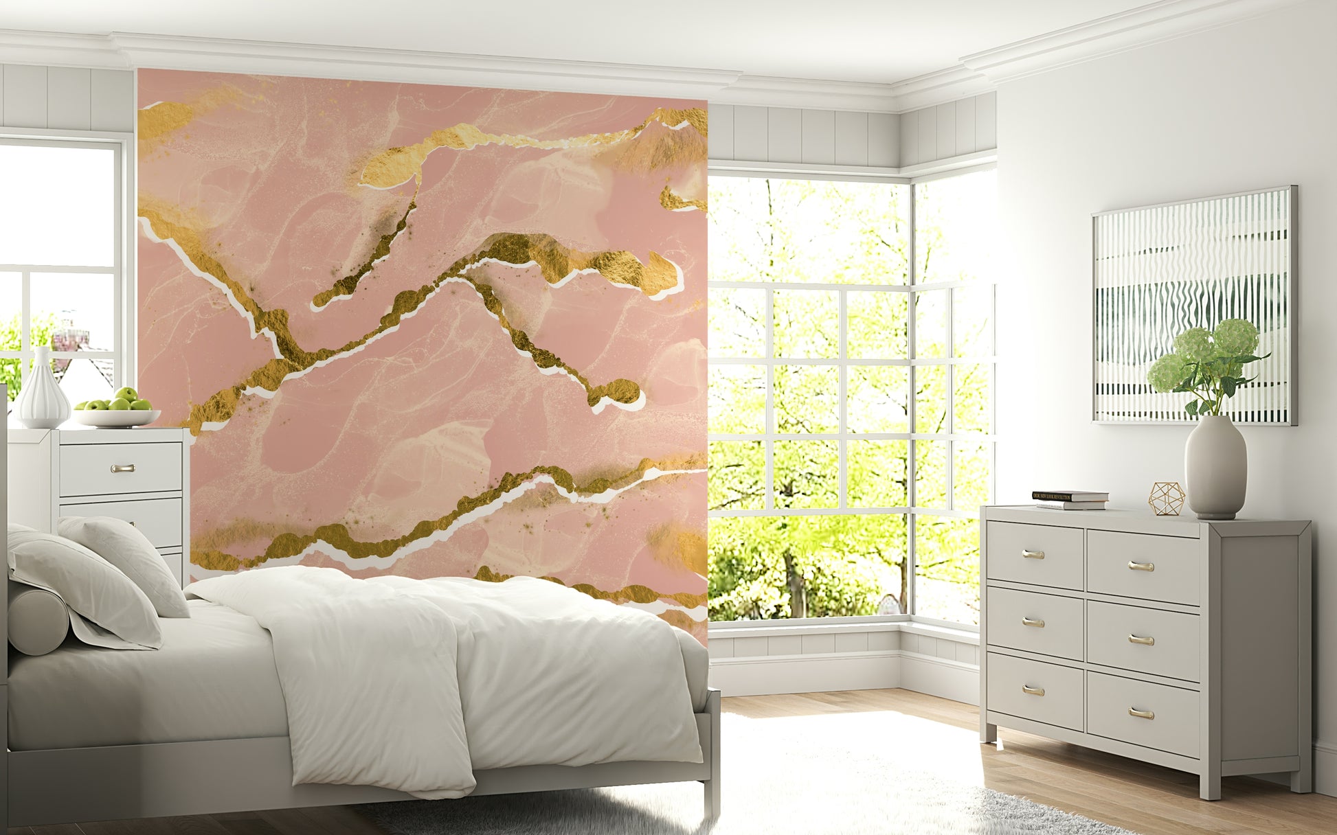 Soft Marble with Gold Accents Wall Mural – Sophisticated abstract wallpaper blending blush marble tones with subtle gold veining.