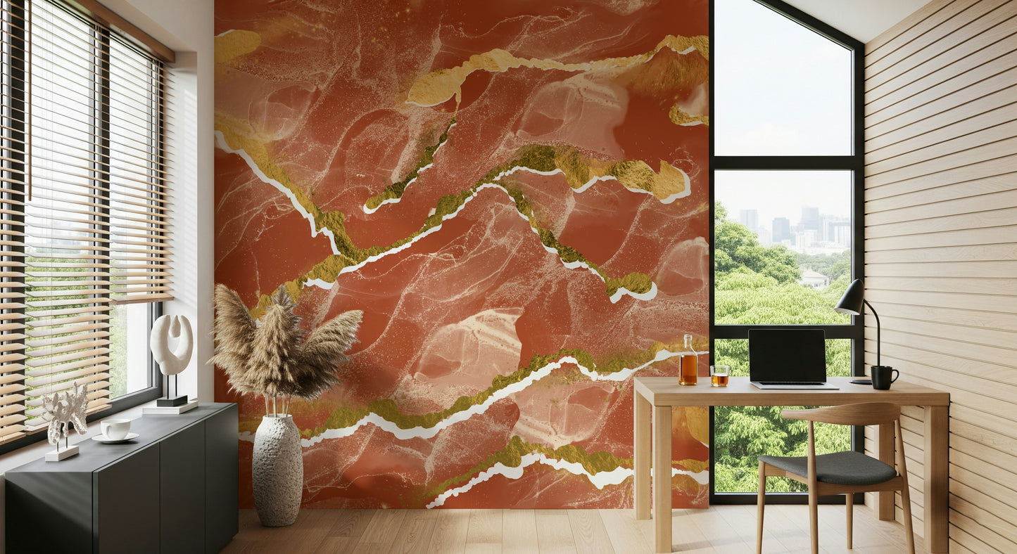 Modern Luxe Burnt Sienna Marble Wall Mural – Sophisticated abstract design combining deep sienna marble textures and elegant golden streaks.