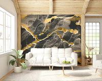Charcoal and Gold Luxury Marble Wallpaper – Statement wall mural featuring dramatic dark marble layers with gilded veining for modern interiors.
