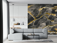 Dark Marble with Gold Accents Wall Mural – Sophisticated abstract wall mural showcasing luxurious charcoal stone with golden veins.