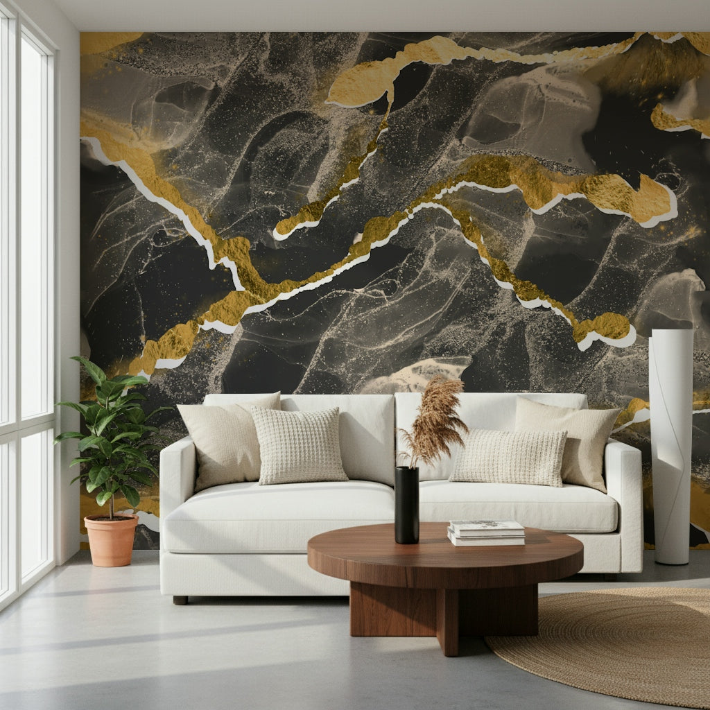 Abstract Charcoal Marble Wall Mural – Modern abstract marble design with deep grey tones and luminous gold highlights.