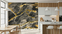Golden Veins Charcoal Marble Wall Mural – Luxurious abstract marble design with deep charcoal tones accented by shimmering gold veins.