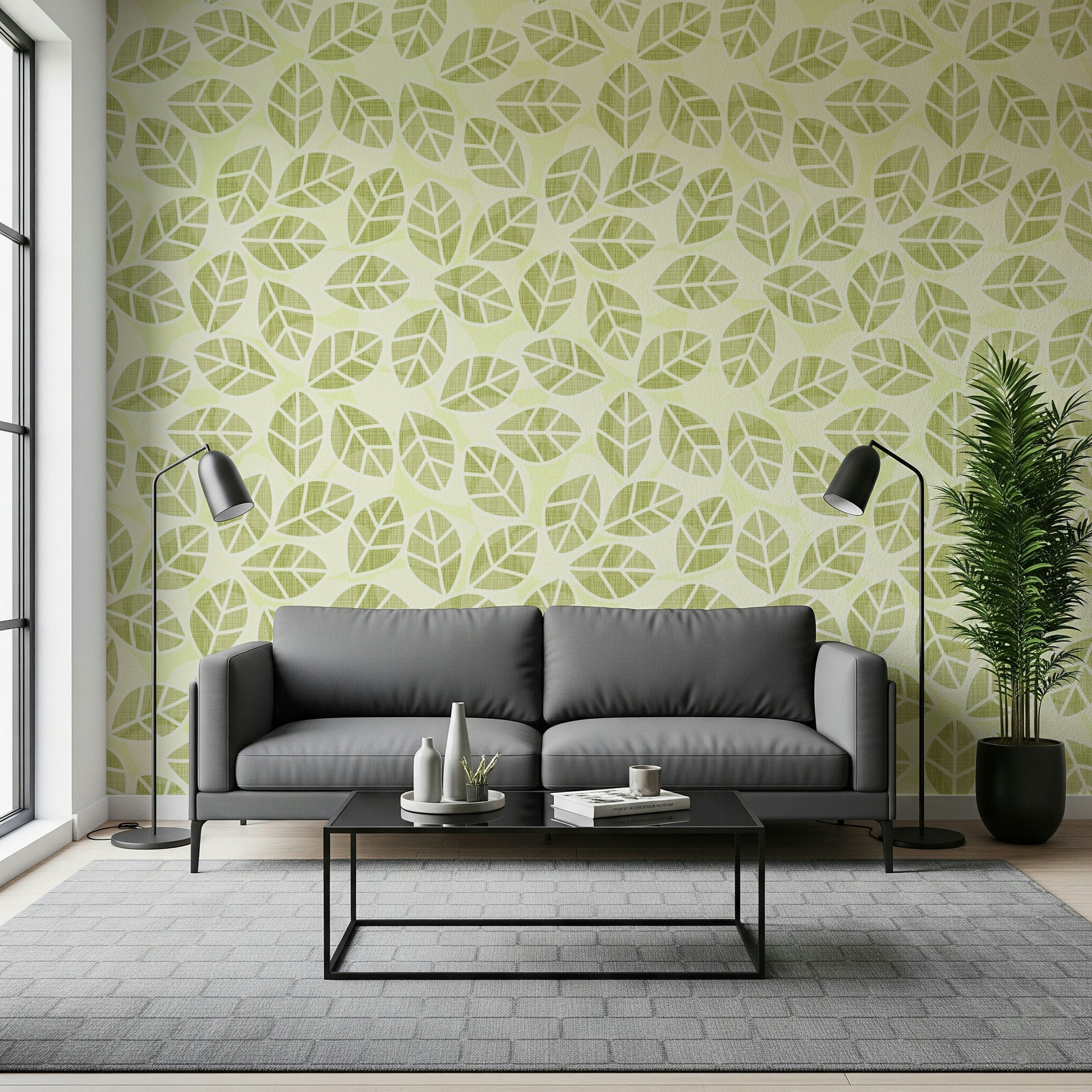 Spring Green Leaves Wall Mural – Cheerful design with overlapping leafy motifs in bright, fresh greens.