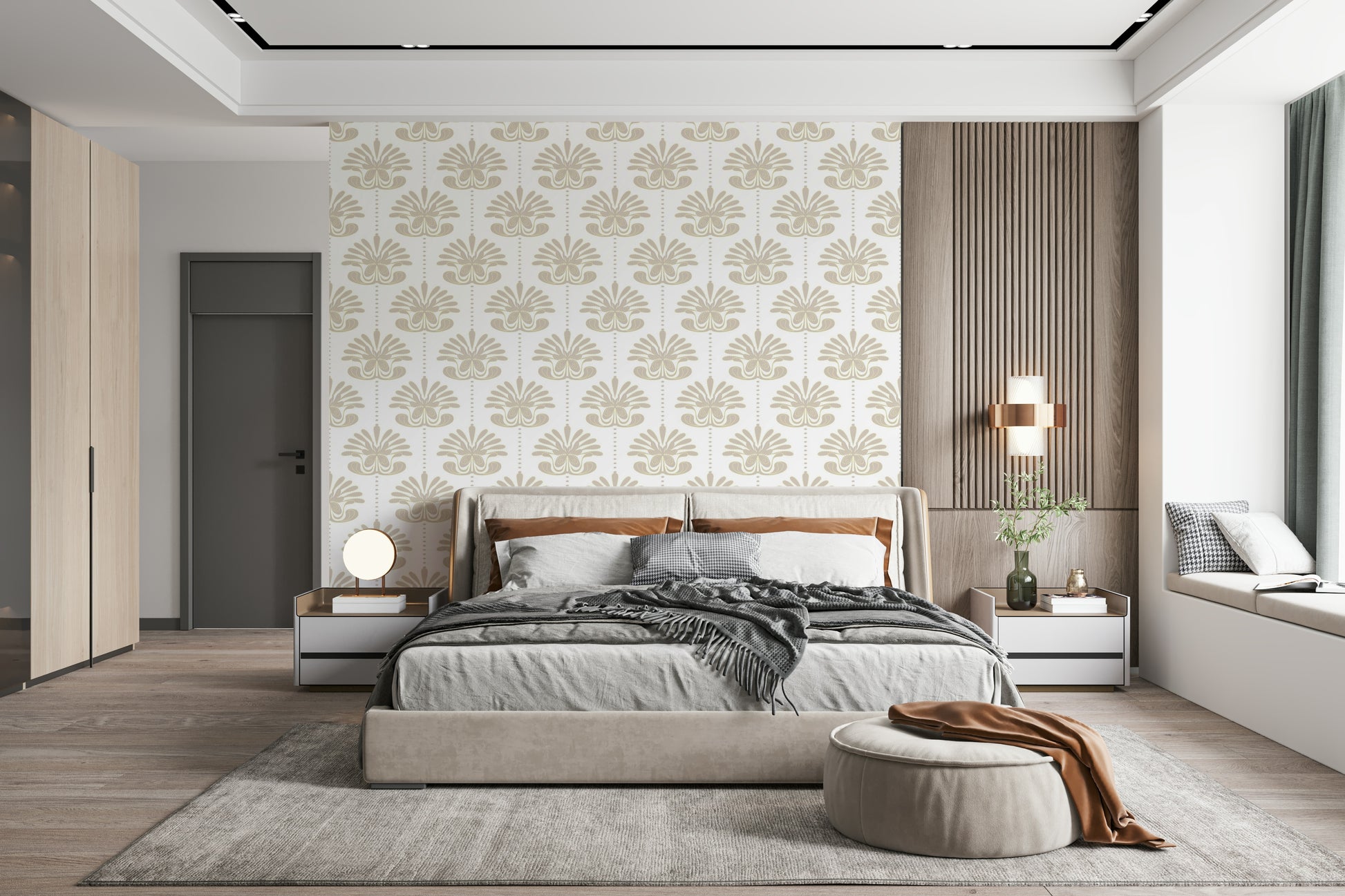 Chic Floral Geometry Wallpaper – Modern elegant wallpaper blending floral motifs with symmetrical design.