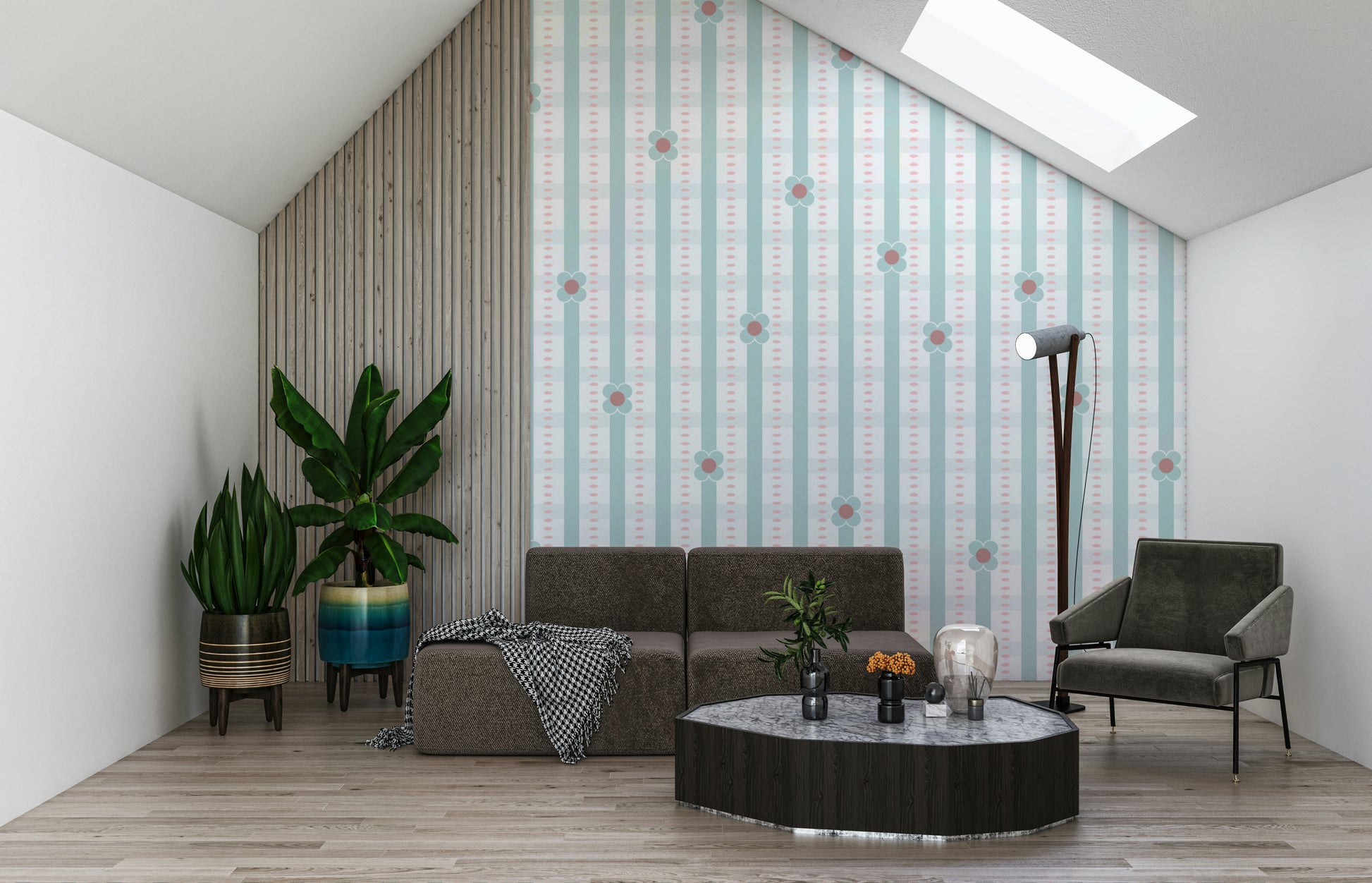 Striped Daisy Wall Mural – Playful design with rows of daisies layered on subtle stripes.