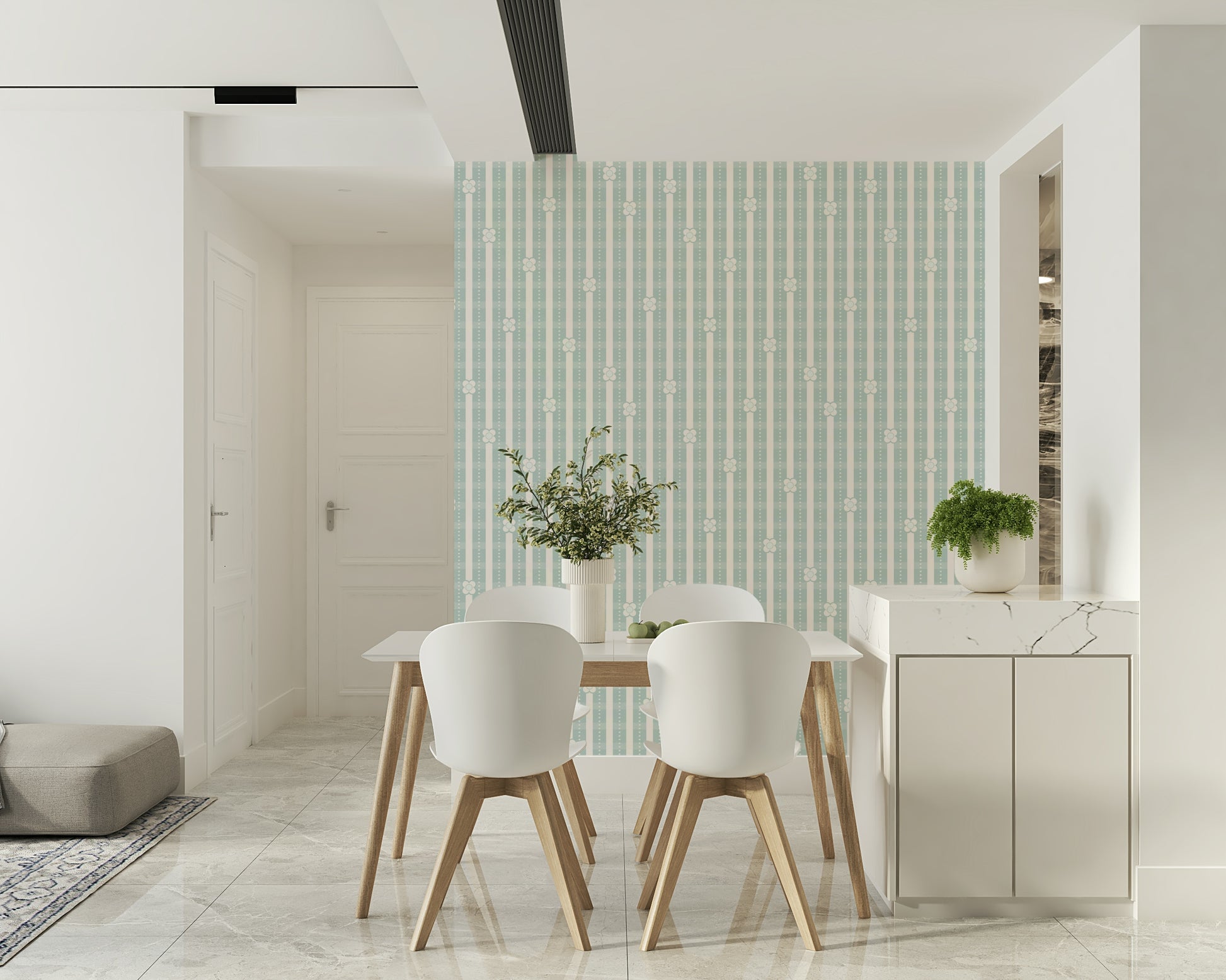 Floral and Linear Stripe Serenity Mural – Subtle floral wallpaper enhanced with minimalist stripe design for a serene interior.