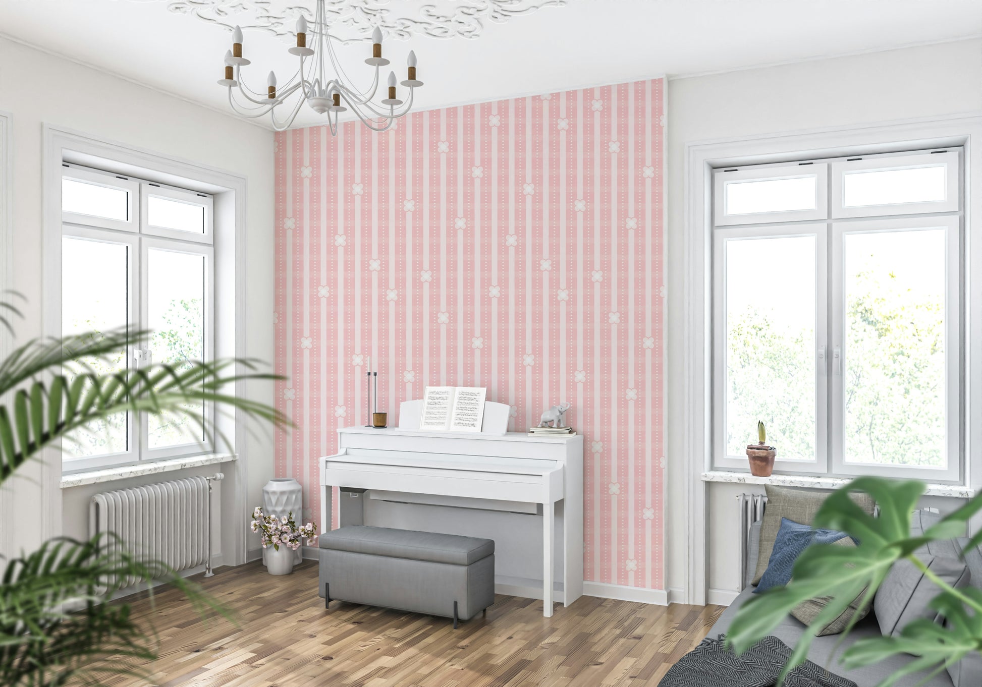 Pink Petals & Stripes Wallpaper – Elegant wallpaper featuring soft pink flower petals over subtle striped background.