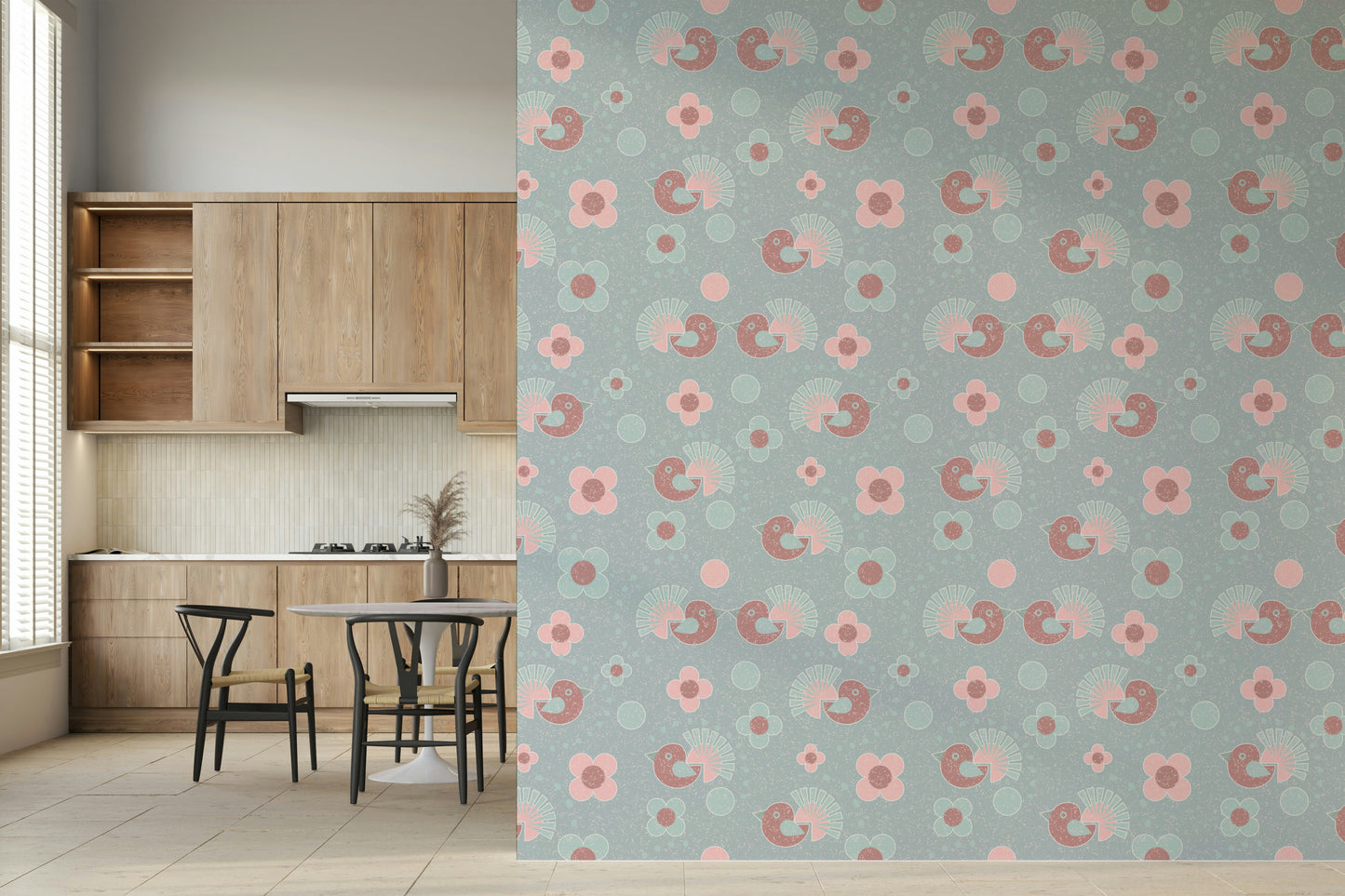 Pastel Bird and Blossom Wallpaper – Whimsical design with delicate birds and blooming flowers in gentle pastel tones.