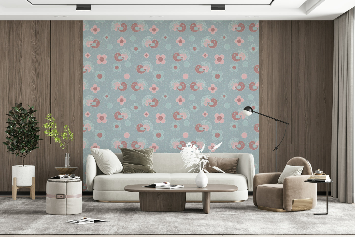 Colorful Bird and Bloom Pattern Wallpaper – Artistic pastel wallpaper with a whimsical garden of flowers and birds.