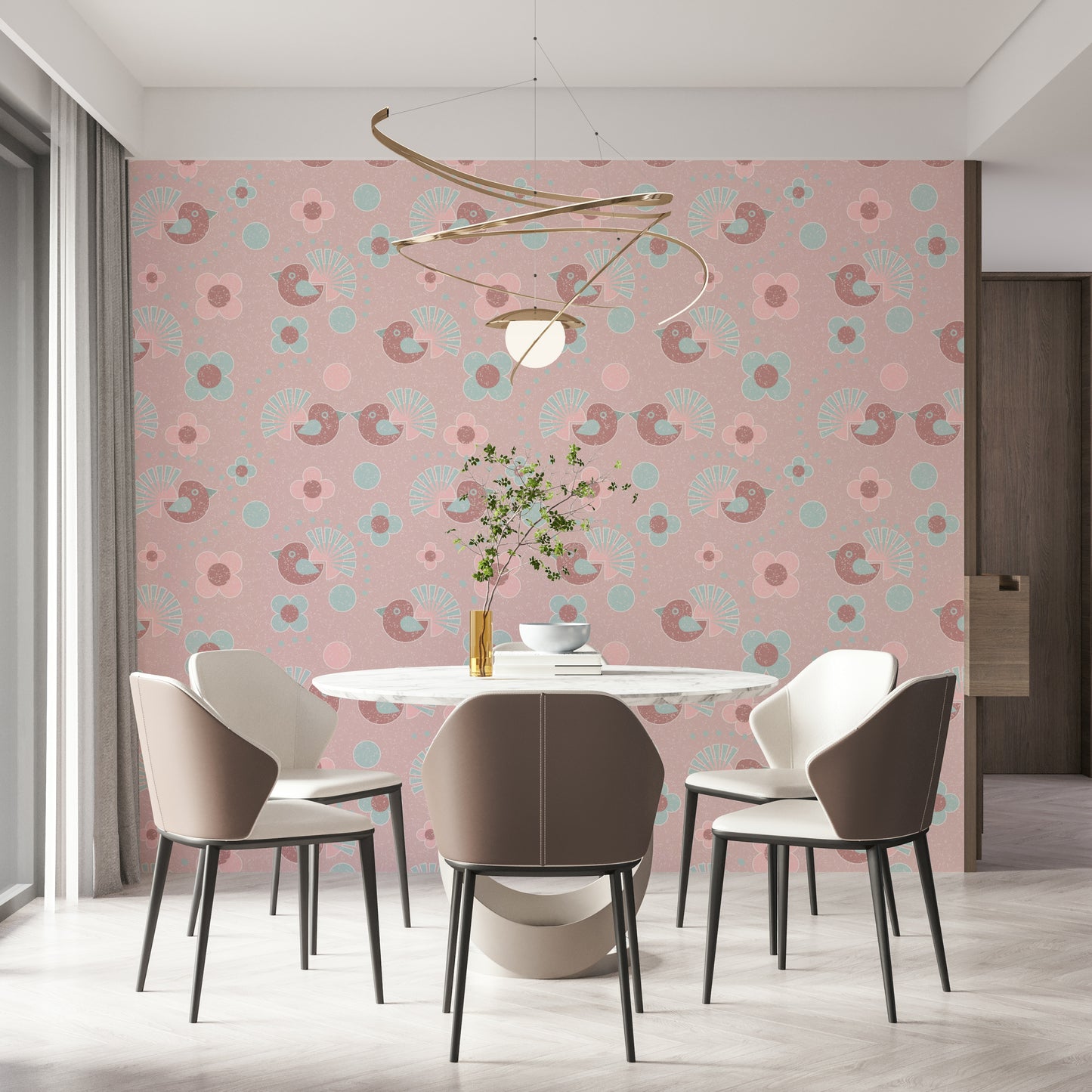 Soft and elegant Bird Wallpaper showing beautifully illustrated birds and pink roses in a delightful pattern.