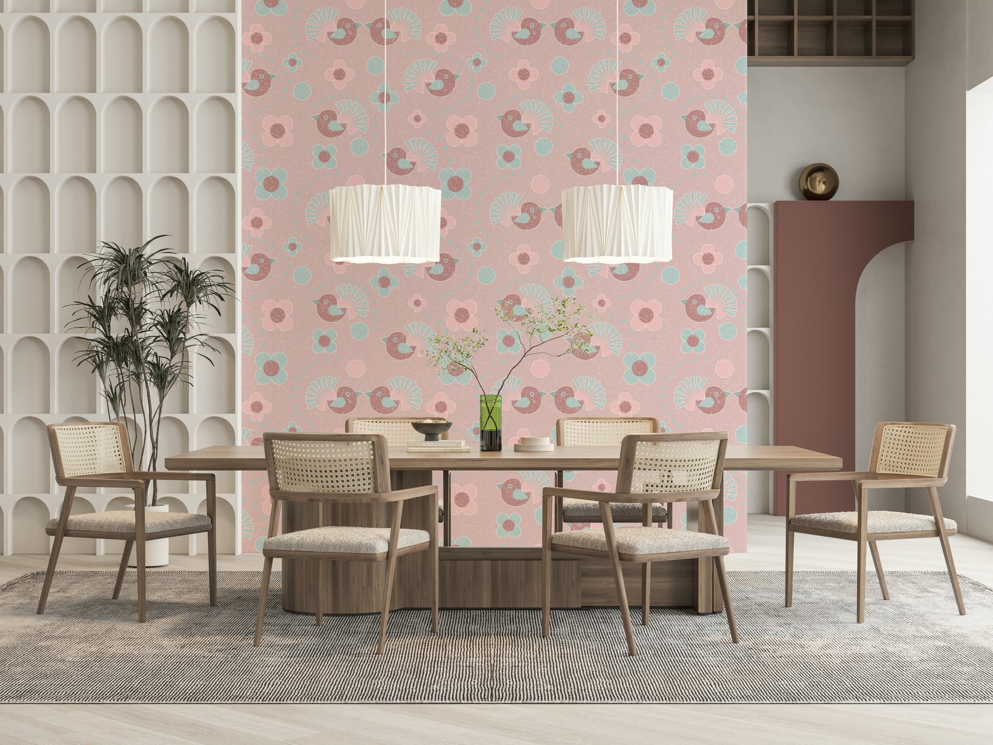 A repeating pattern of birds and roses make up this delightful Floral Wallpaper design.