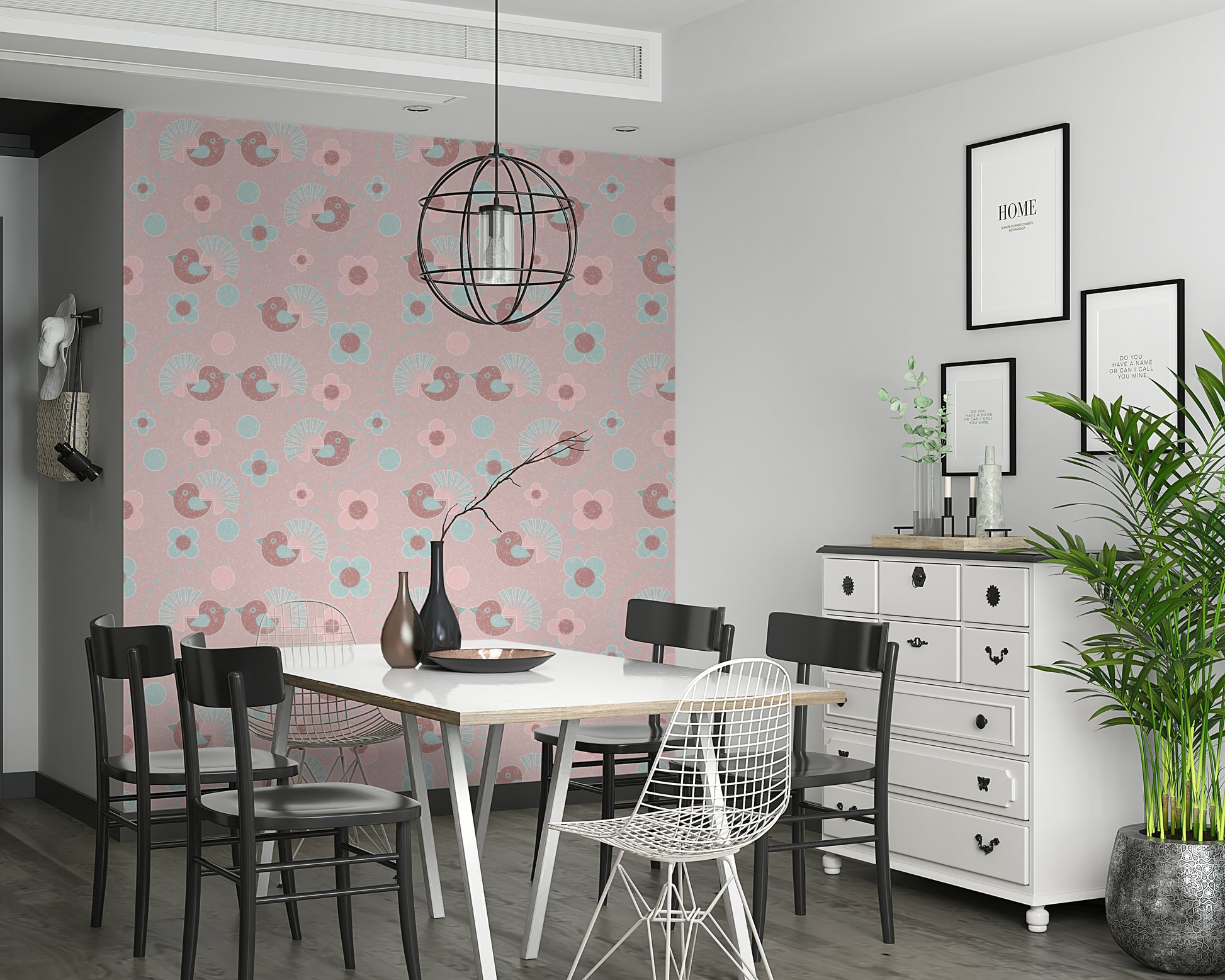 A whimsical Bird and Flower Wallpaper combining delightful birds with a classic rose floral pattern.