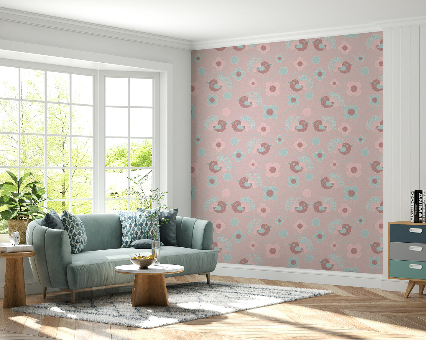 A beautiful Floral Wallpaper featuring a delightful design of small birds perched among blooming roses.