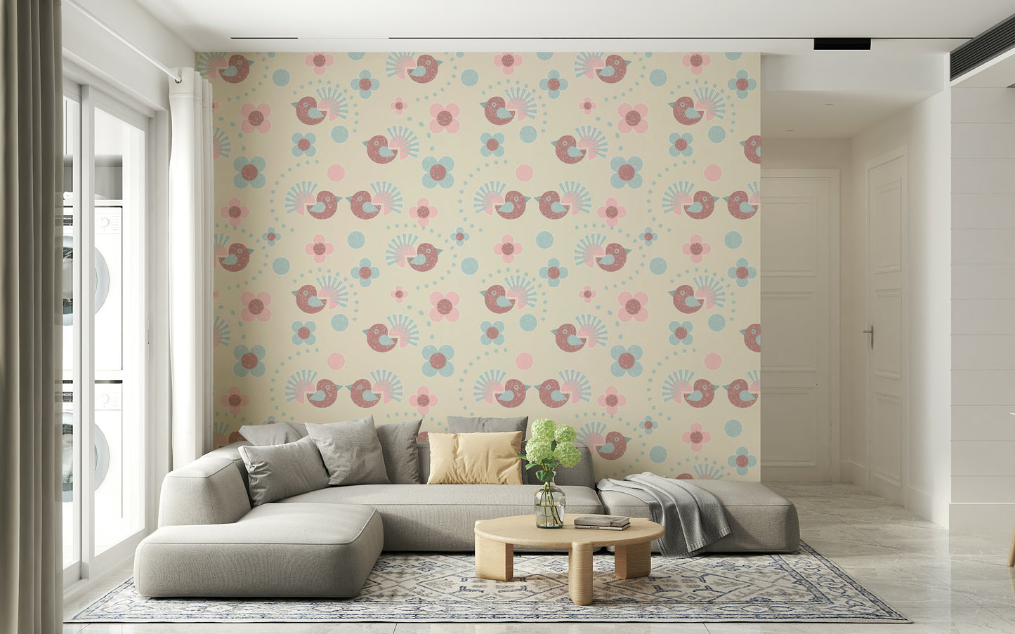 A whimsical Bird and Flower Wallpaper in soft pasteltones, showing cute birds among the blossoms.