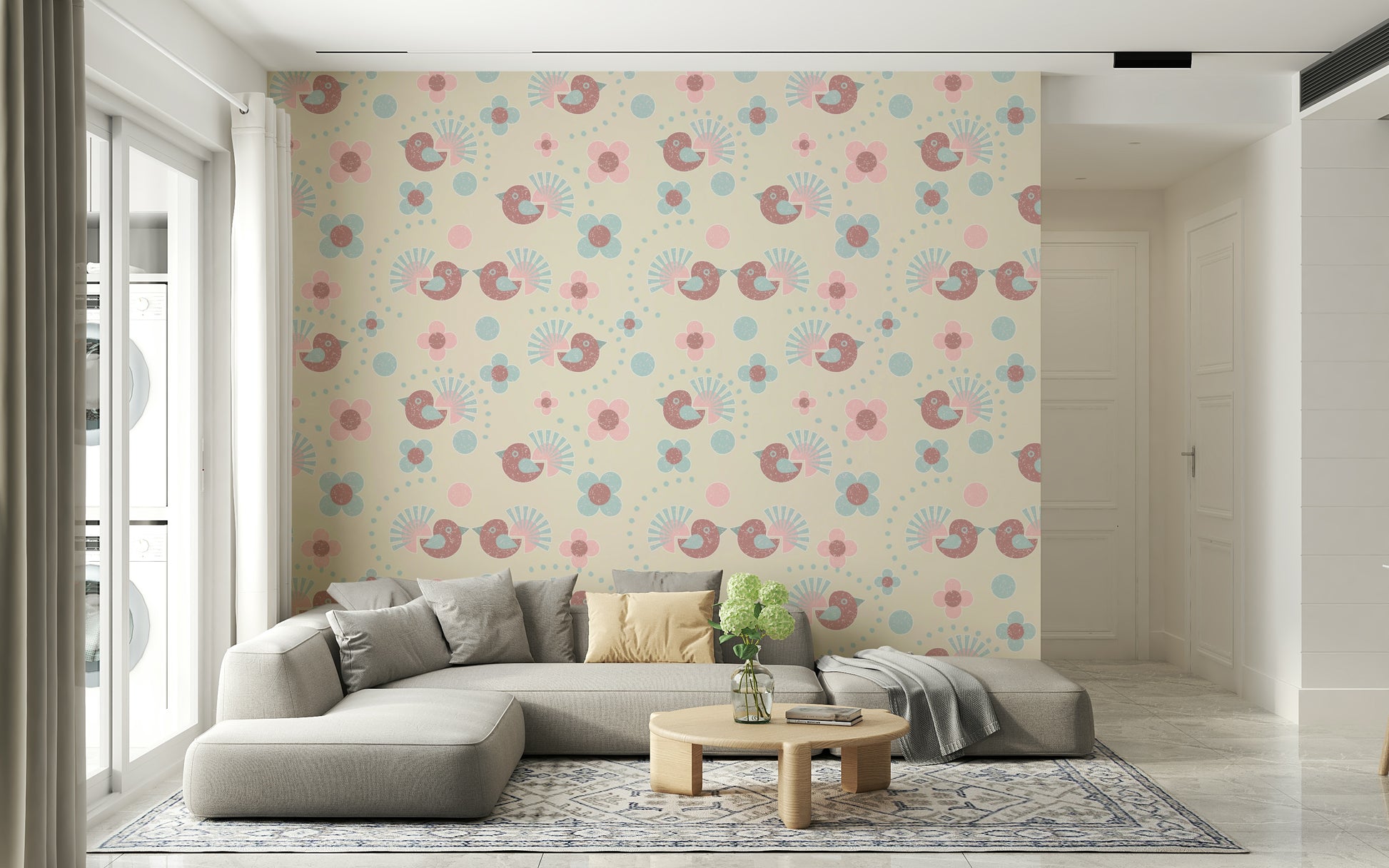 A whimsical Bird and Flower Wallpaper in soft pasteltones, showing cute birds among the blossoms.