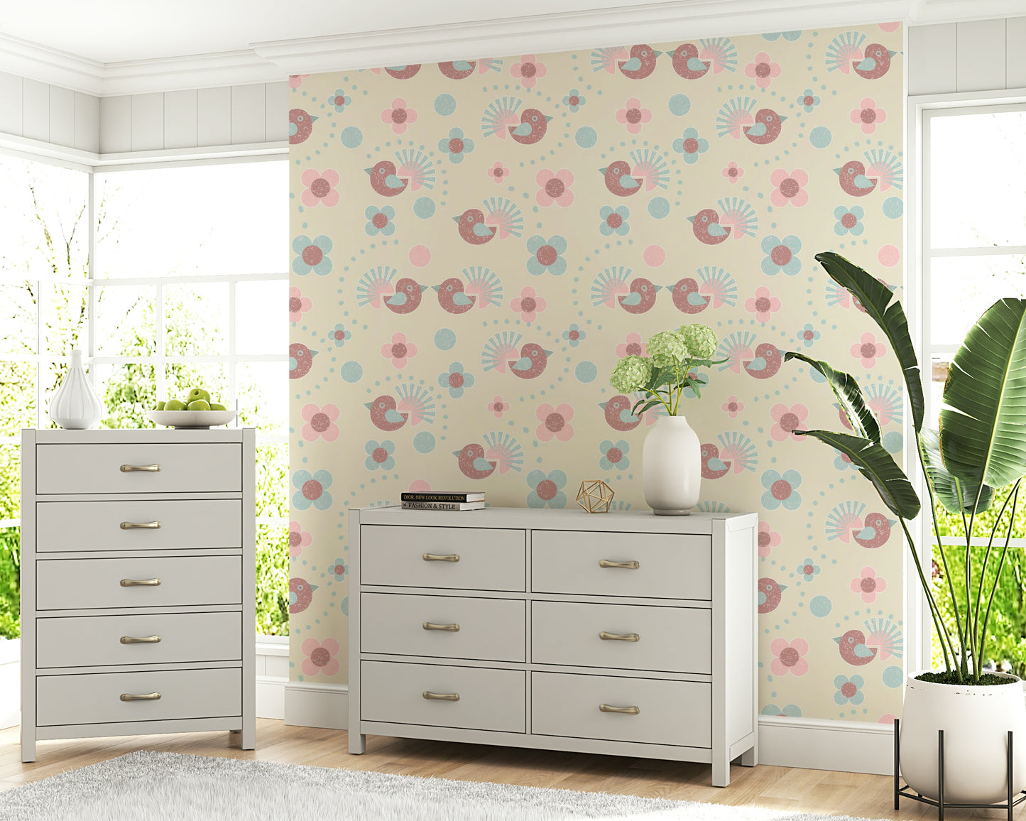 A charming Pastel Wallpaper pattern with cute birdies and delicate flowers, perfect for a nursery.