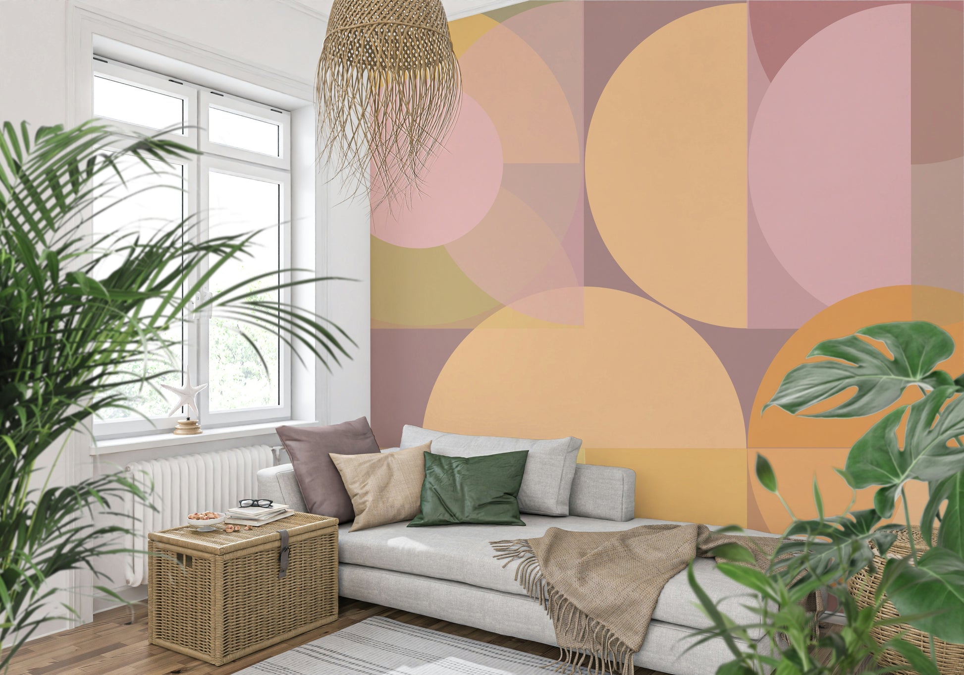 Elegant Geometric Wallpaper displaying a soothing, abstract pattern of various pastel-colored shapes.