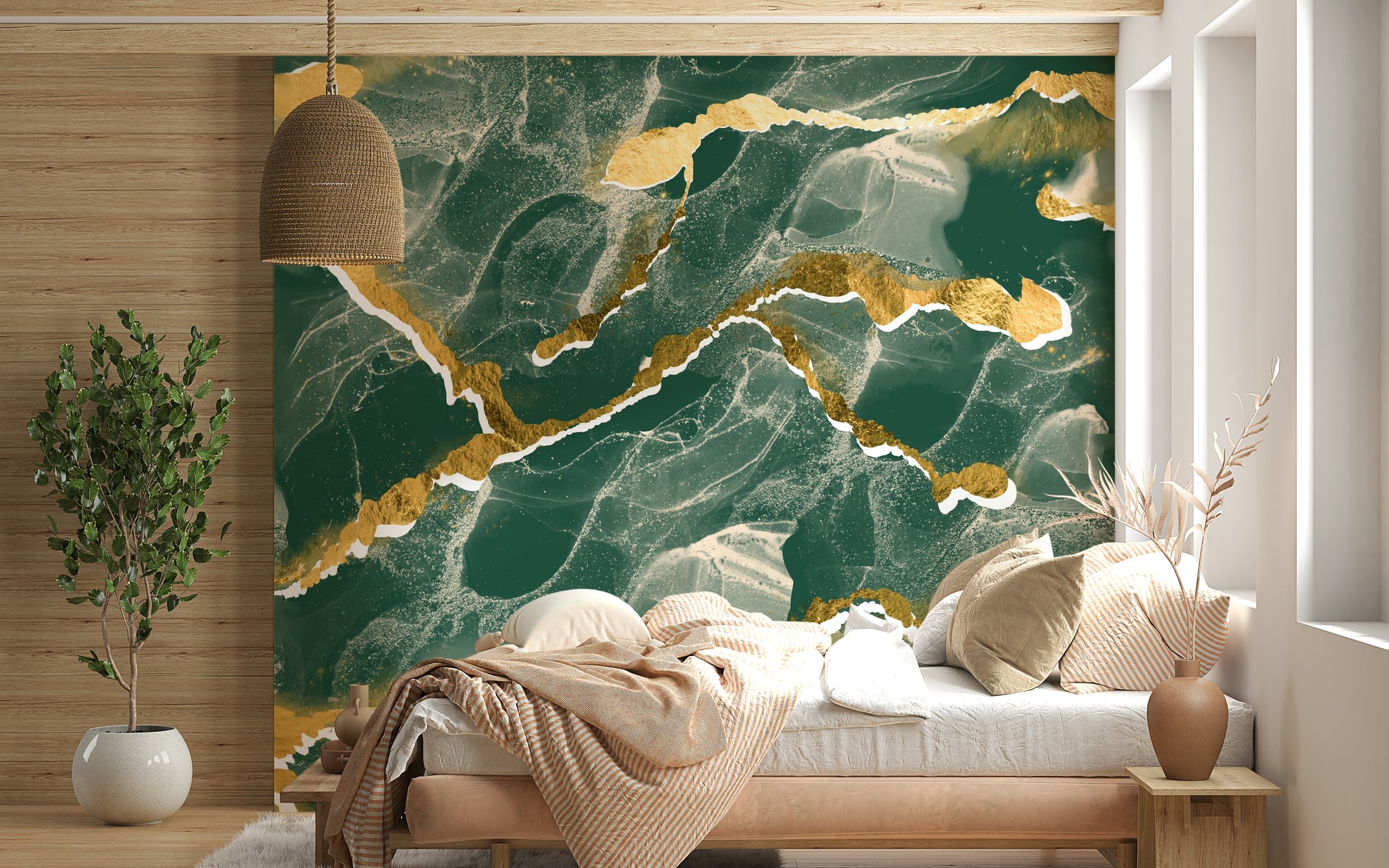 Modern Luxe Abstract Wall Mural with a deep emerald green and golden vein Marble Wallpaper design.
