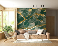 Elegant Marble Wallpaper in a deep emerald green, highlighted by sophisticated golden veins for a modern interior.