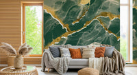 Abstract art Marble Wallpaper mural with flowing golden veins across a rich emerald marble background.